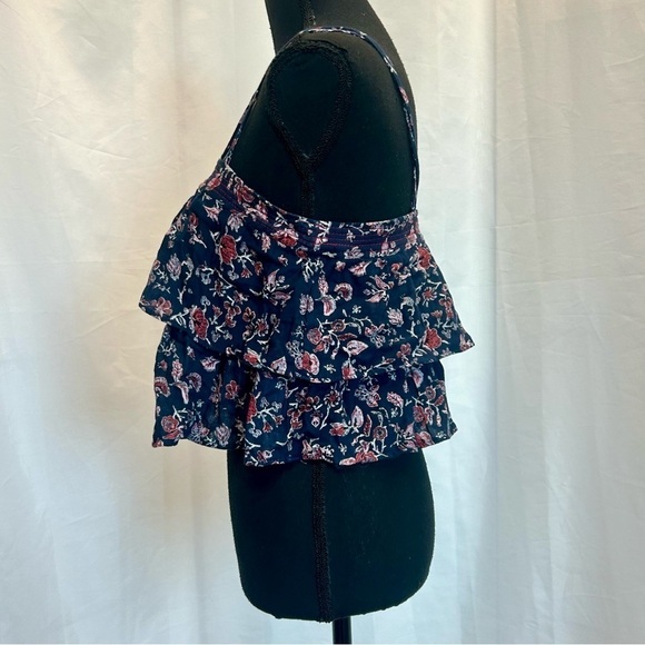Zara blue red floral flower printed ruffle frill layered spaghetti strap blouse - Picture 2 of 10